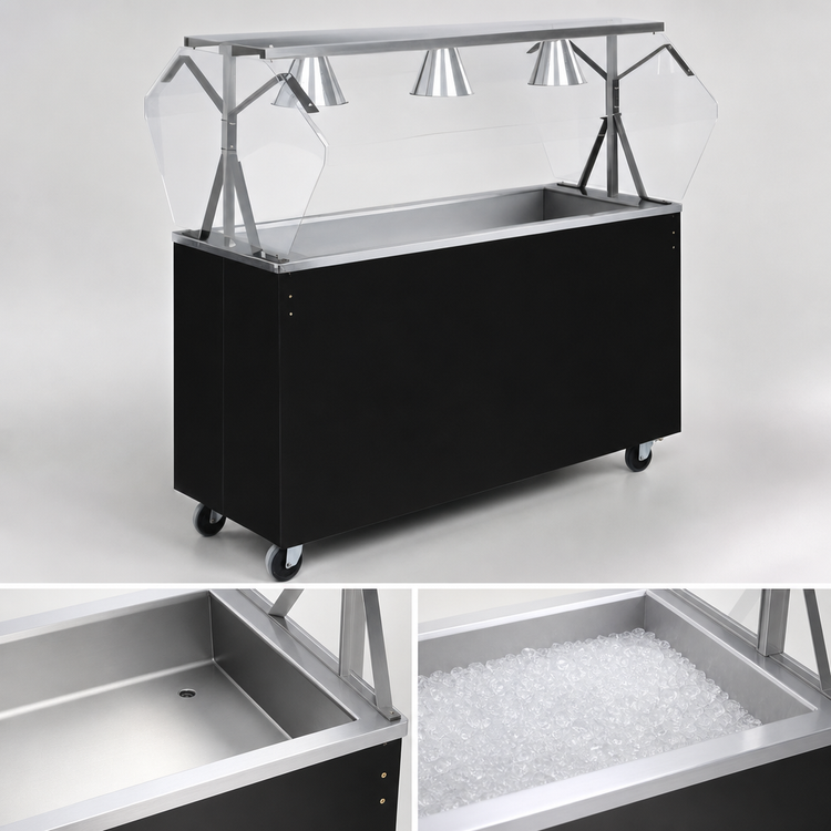 Product image #3 for Vollrath 2-Series Affordable Portable 46-Inch 3-Pan Non-Refrigerated Cold Food Station with Buffet Breath Guard and Lights, Black Open Storage Base, 120V