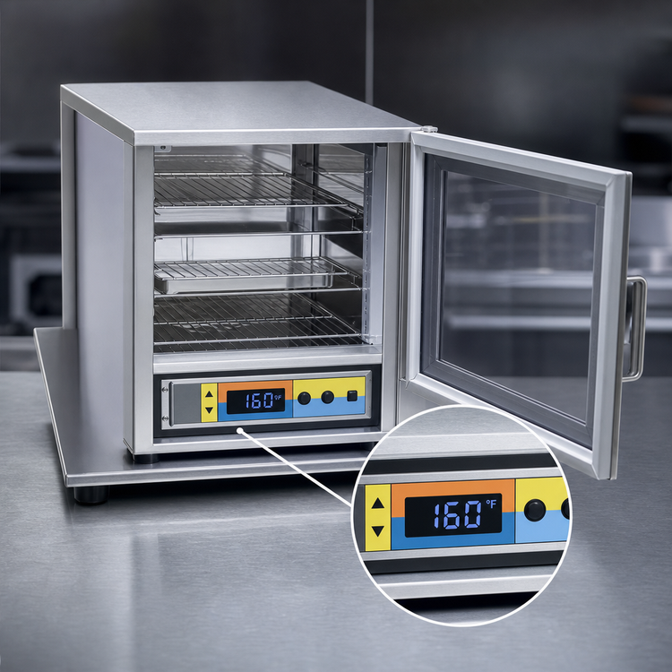 Product image #3 for Panco Narrow Half-Size Heated Holding Cabinet with 8 Wire Slides, Digital Control, and Polycarbonate Window Door