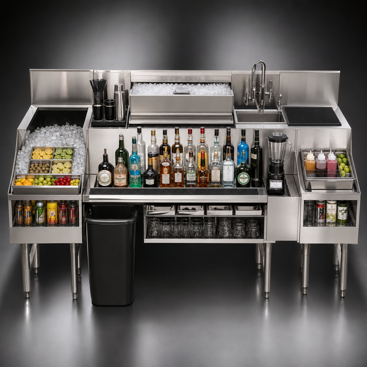 Product image #3 for Glastender 66-Inch All-In-One Underbar Ice Bin/Cocktail Station with 42-Inch Combo Ice Bin, 10-Circuit Cold Plate, Sink, and Blender Shelf