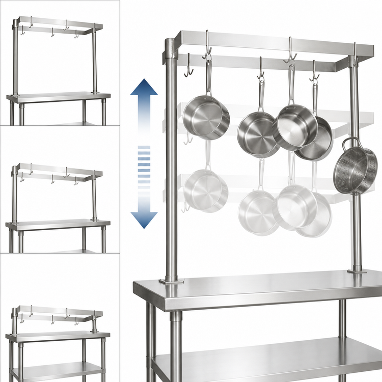 Product image #3 for BK Resources 60-Inch 360-Degree Adjustable Table-Mounted Stainless Steel Pot Rack with 20 Double-Prong Hooks