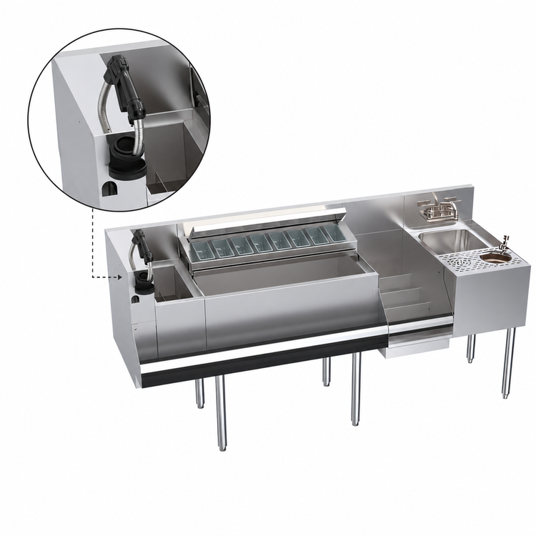 Product image #4 for Krowne Zero-Step Underbar Beverage Workstation with 10-Circuit Cold Plate, Center Ice Bin, Dump Sink and Speedrail, 68" W x 24" D