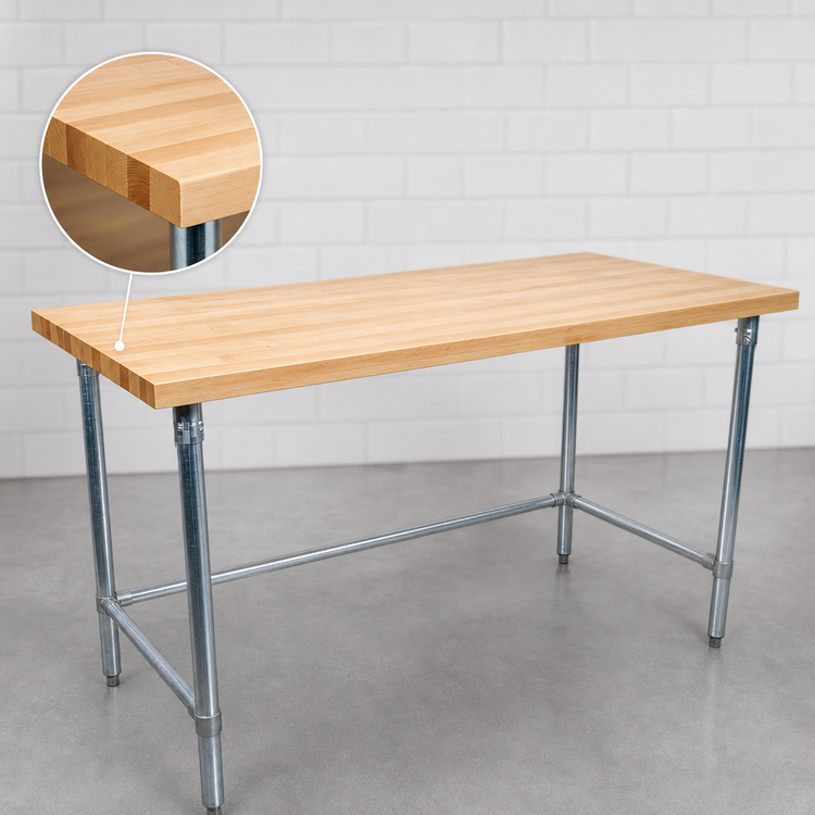 Product image #3 for BK Resources 48-Inch x 36-Inch Hard Maple Wood Top Work Table with Galvanized Open Base