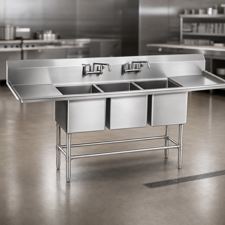 Product image #3 for Eagle Spec-Master FN Series 3-Compartment Stainless Steel Sink with 30 Inch Right Drainboard and 24x24x14 Inch Bowls