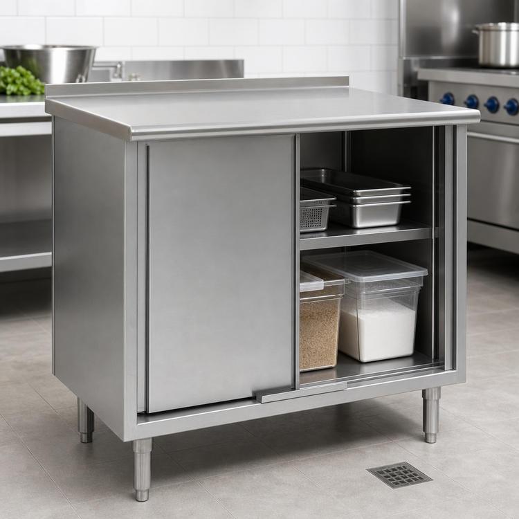 Product image #3 for Spec-Master Enclosed Work Table with Cabinet Base and Sliding Doors, 60 x 24 Inches, 14-Gauge Stainless Steel Top