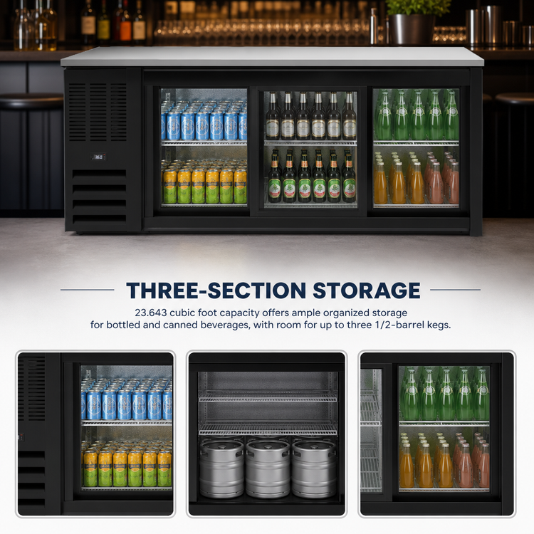Product image #3 for Beverage-Air Three-Section Back Bar Refrigerator with Sliding Glass Doors, 72 Inch, Black Exterior, Stainless Steel Top