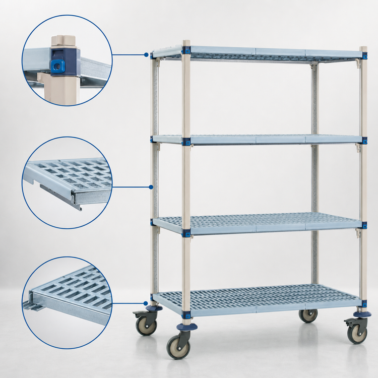 Product image #3 for MetroMax Q 4-Shelf Mobile Polymer Shelving Starter Unit with Open Grid Shelves, 48"W x 18"D x 67-5/16"H