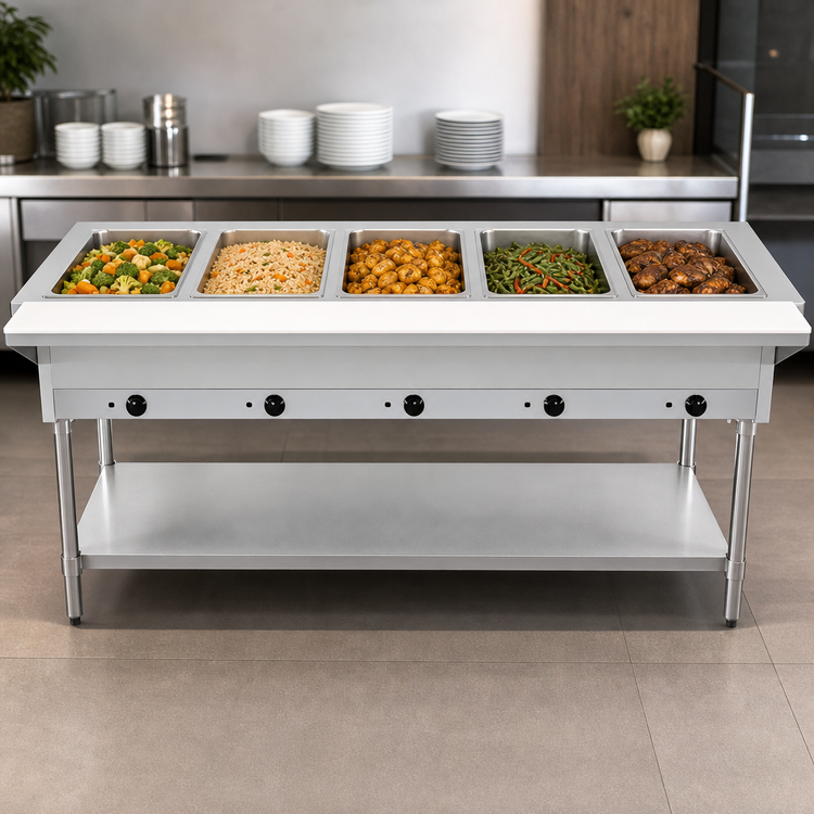 Product image #3 for 72-Inch Natural Gas Open Well Stainless Steel Steam Table with 5 Full-Size Pan Capacity, Cutting Board, and Undershelf