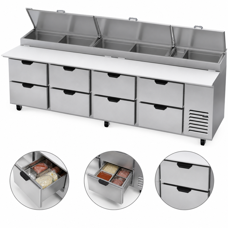 Product image #3 for Beverage-Air 119-Inch Four-Section Pizza Prep Table with 8 Drawers and Refrigerated Pan Rail