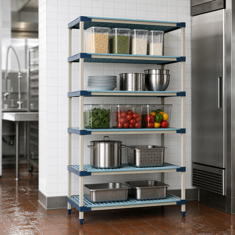 Product image #3 for MetroMax 4 Blue Stationary Polymer Starter Shelving Unit, 30 x 18 x 74 Inches, 5 Open Grid Shelves
