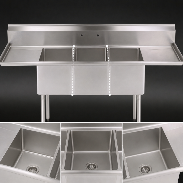 Product image #3 for John Boos E-Series 75-Inch 3-Compartment Stainless Steel Sink with Left and Right Drainboards