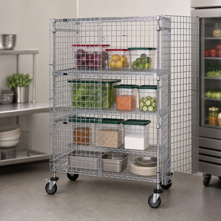 Product image #3 for Quantum Mobile Open Wire Security Cage with 4 Shelves, 36-Inch W x 24-Inch D x 69-Inch H, Chrome Plated Finish