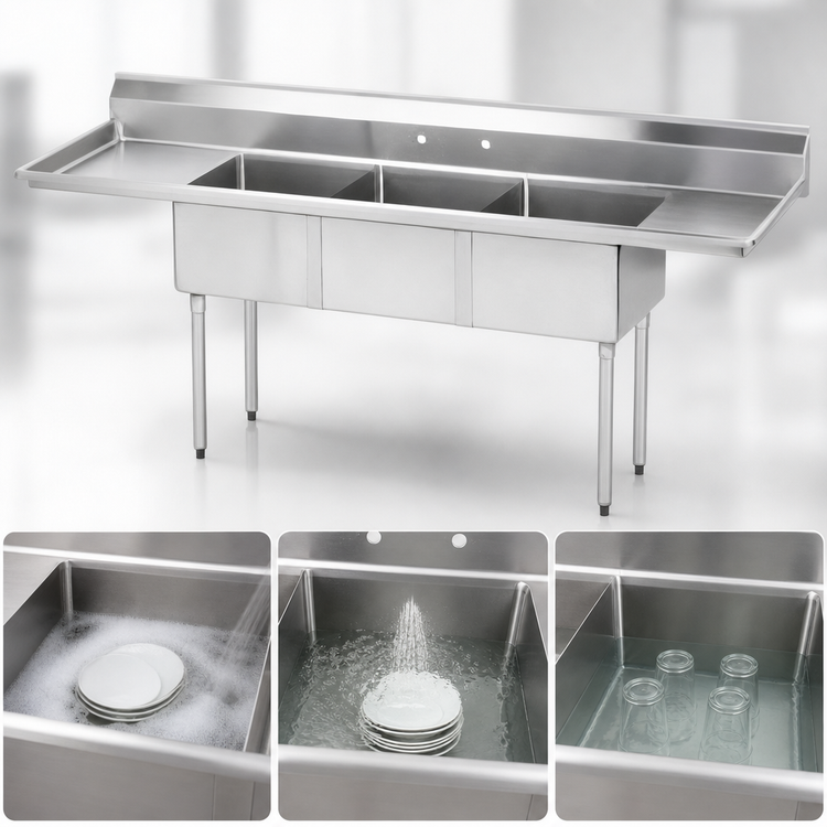 Product image #3 for Advance Tabco Special Value Series 3-Compartment Fabricated Sink with Dual Drainboards, 66 Inch Wide