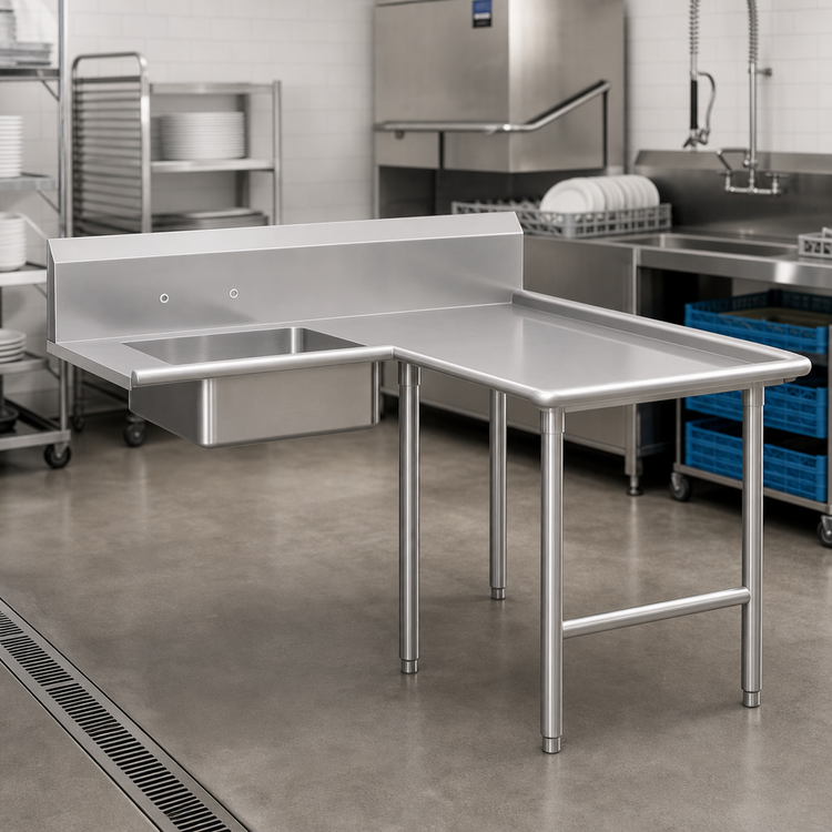 Product image #3 for John Boos Pro-Bowl L-Shaped Island Soiled Dishtable with 20" x 20" Pre-Rinse Sink Bowl, Right-to-Left Operation, 14-Gauge 300-Series Stainless Steel Top