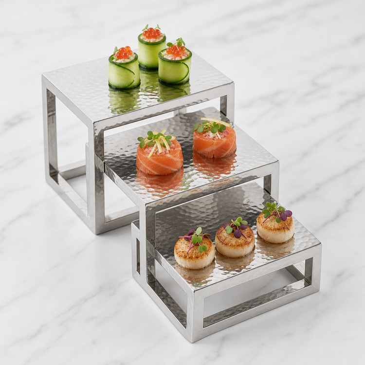 Product image #3 for American Metalcraft Hammered Stainless Steel Square Solid Frame Riser Set, 3-Piece