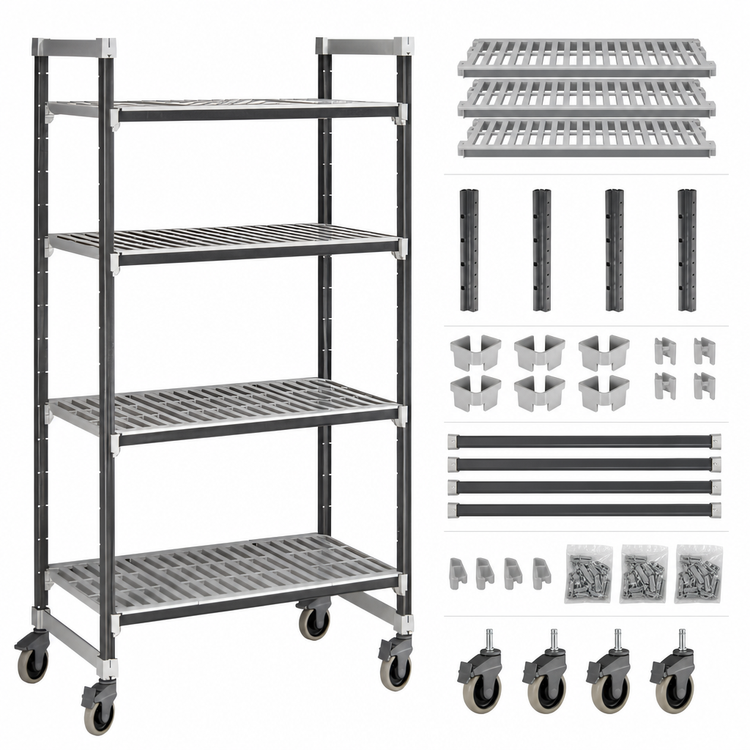 Product image #3 for Cambro Camshelving Elements XTRA 18 x 54 x 78-1/4 Inch 4-Shelf Vented Mobile Starter Unit, Speckled Gray