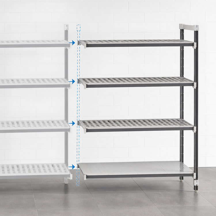 Product image #3 for Cambro Camshelving Elements XTRA Stationary Add-On Polymer Shelving Unit, 18 x 60 x 64 Inches, 4-Shelf, 3 Vented + 1 Solid, Speckled Gray