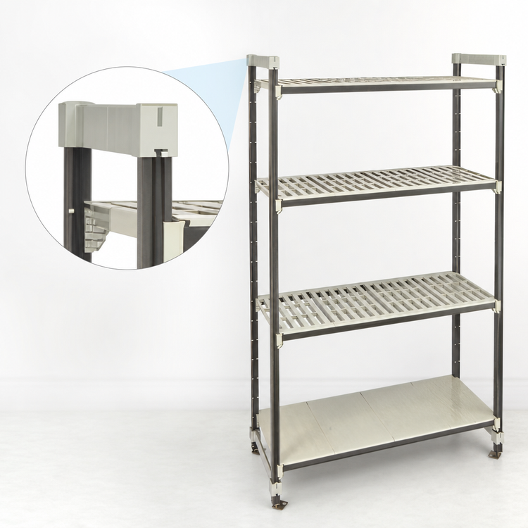 Product image #3 for Cambro Camshelving Elements XTRA High Density Top Rail Stationary Starter Unit, 18-Inch D x 48-Inch L x 81-Inch H, 4-Shelf, 3 Vented + 1 Solid