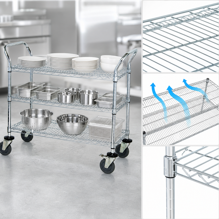 Product image #3 for Quantum WRC-2130-3 30 x 21 Inch 3-Shelf Wire Utility Bus Cart, Chrome Plated