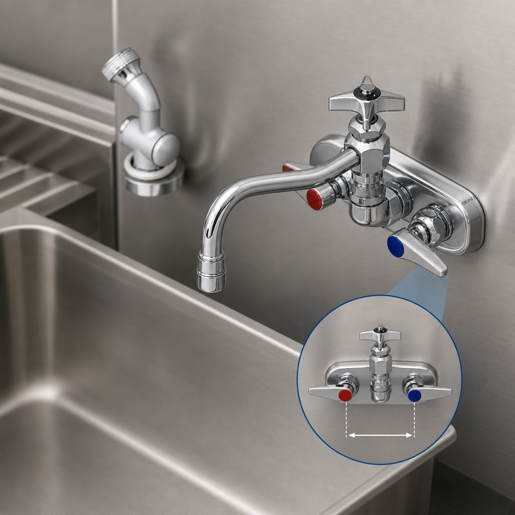 Product image #3 for T&S Brass B-1156-CR Wall-Mount Workboard Mixing Faucet, 4-Inch Centers, 7-7/8-Inch Swing Nozzle, Self-Closing Spray Valve