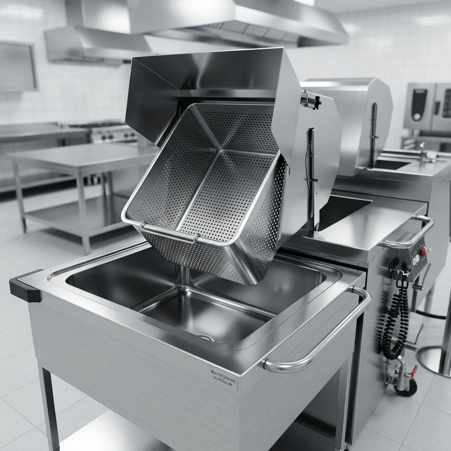 Showcasing the exceptional durability and hygienic design of the multicooker's AISI 316 stainless steel cooking vessel and perforated basket.
