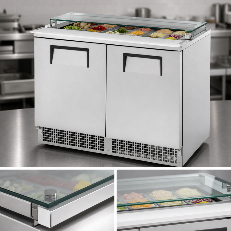 Product image #3 for 48-Inch Two-Section Refrigerated Sandwich/Salad Prep Table with Heavy-Duty Flat Glass Lid and 18-Pan Top