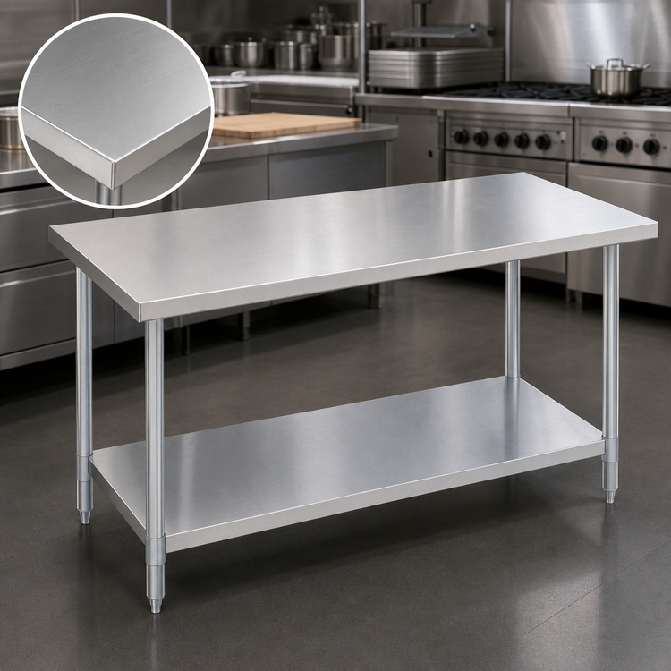 Product image #3 for Turbo Air 72-Inch x 30-Inch 18/430 Stainless Steel Flat Top Work Table with Adjustable Undershelf and Galvanized Base