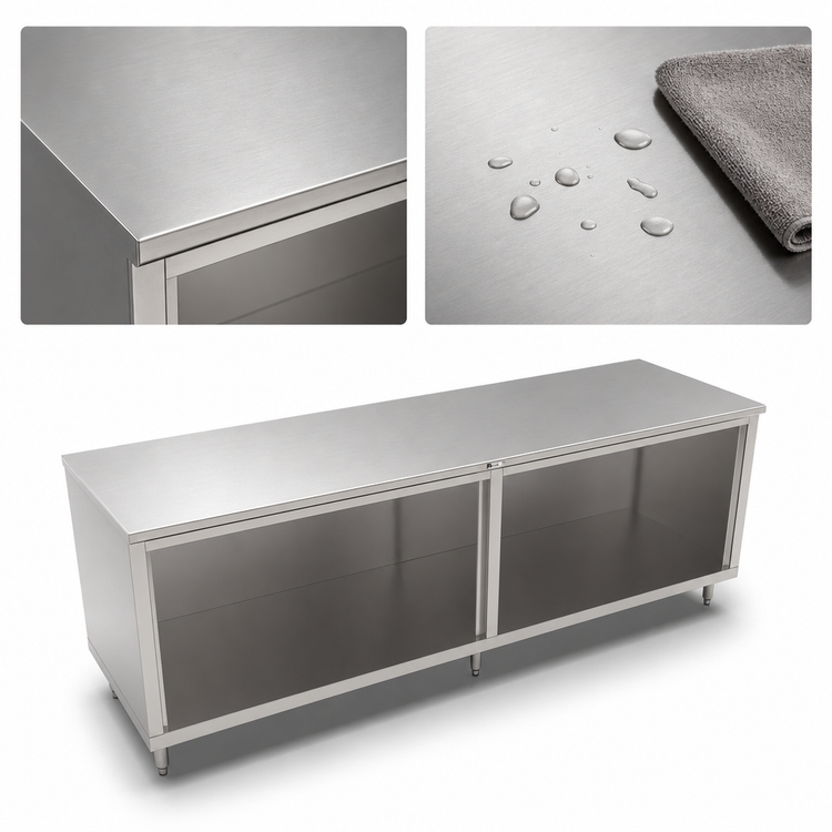 Product image #3 for John Boos 132-Inch x 30-Inch 14-Gauge Stainless Steel Work Table with Cabinet Base and Open Front