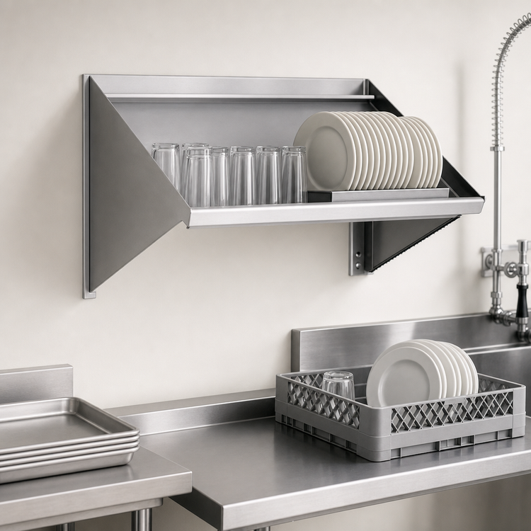 Product image #3 for Eagle Group Wall-Mounted Solid Slanted Dishtable Rack Shelf, 21 x 21 Inch, Left Drip Tube, 304 Stainless Steel