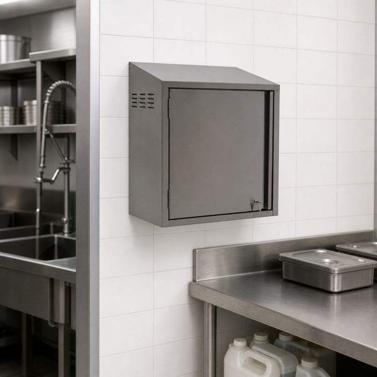 Product image #3 for Wall-Mounted Chemical Storage Cabinet with Sloped Top, 24W x 15D x 28H, Stainless Steel, Locking Left-Hinged Door