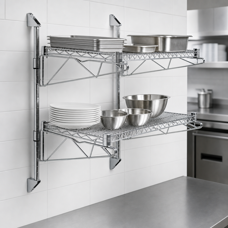 Product image #3 for Quantum Cantilever Double Shelf Wall-Mount Wire Shelving Unit, 72 x 14 Inches, Chrome-Plated