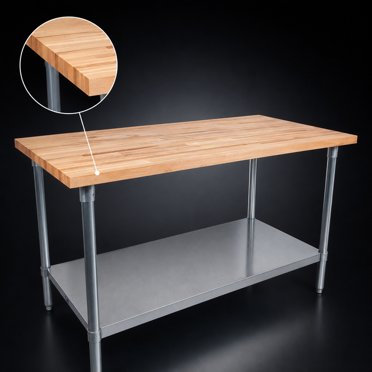 Product image #3 for John Boos 36 x 36 Inch Northern Hard Rock Maple Wood Top Work Table with Stainless Steel Base and Adjustable Undershelf