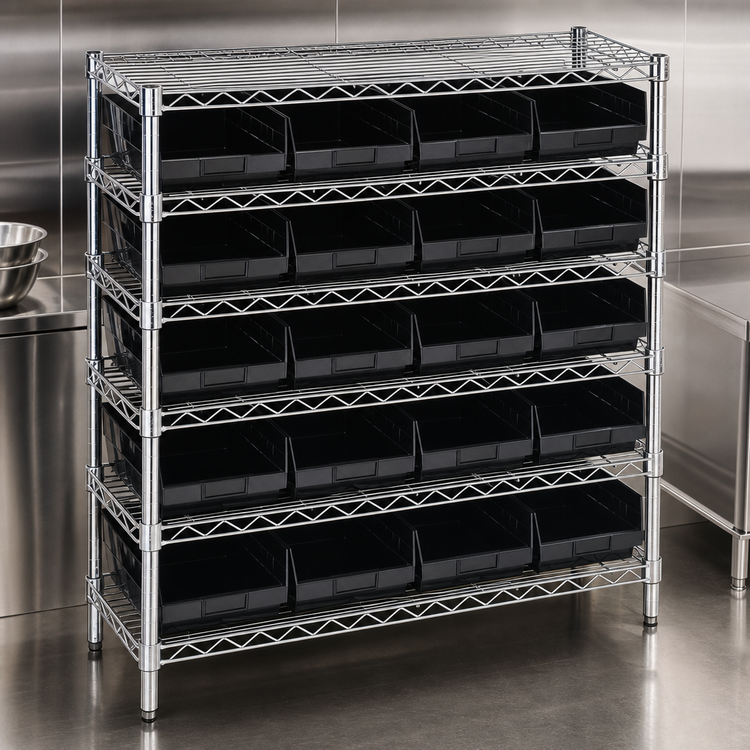 Product image #3 for Quantum Conductive Wire Shelving System with 20 Bins and 6 Shelves, 36W x 12D x 36H, Chrome Plated