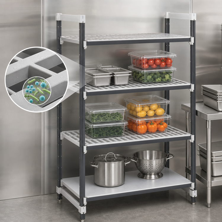 Product image #3 for Cambro Camshelving Elements XTRA Stationary Starter Polymer Shelving Unit, 24" D x 54" W x 64" H, 4-Tier, 3 Vented + 1 Solid