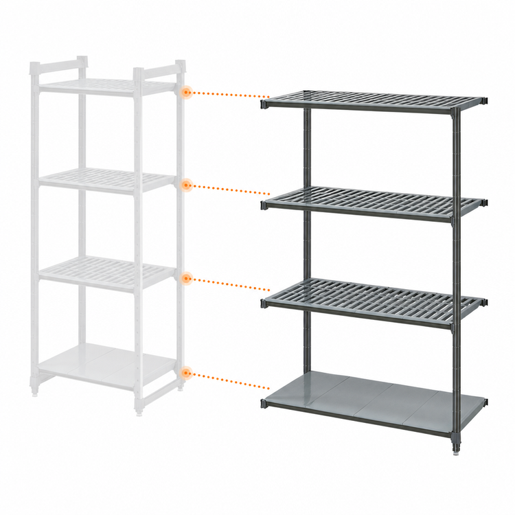 Product image #3 for Cambro Camshelving Basics Plus 4-Shelf Add-On Polymer Shelving Unit, 21" x 36" x 84", Vented and Solid, Brushed Graphite