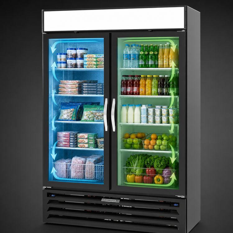 Product image #4 for Beverage-Air MarketMax Dual-Temp 2-Section Reach-In Glass Door Refrigerator/Freezer Merchandiser, 52 Inch, Bottom Mount