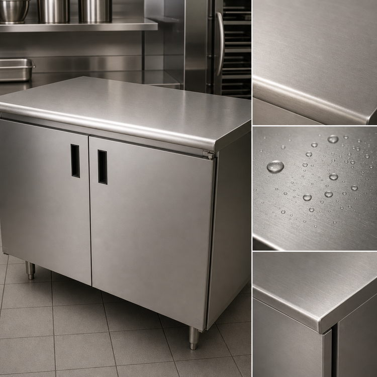Product image #3 for Advance Tabco Special Value Economy Enclosed Work Table with Cabinet Base and Hinged Doors, 48 x 24 Inches, 16 Gauge 304 Stainless Steel Top