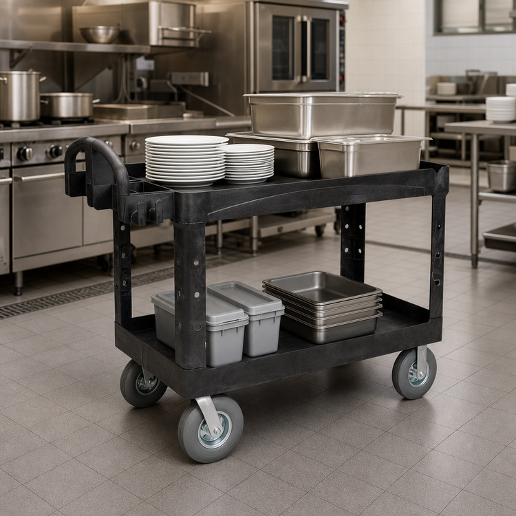 Product image #3 for Rubbermaid Commercial Heavy Duty Black Plastic Utility Bus Cart with 2 Lipped Shelves, 500 lb Capacity