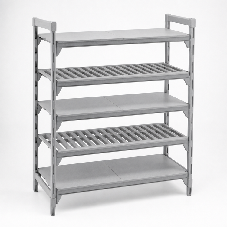Product image #4 for Cambro Camshelving Premium 18" x 30" Vented and Solid Polymer Shelf Kit, 5 Shelves, Speckled Gray