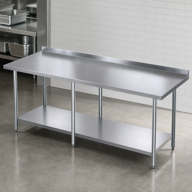 Product image #3 for BK Resources 84 x 30 Inch 18-Gauge 430 Stainless Steel Work Table with 1-1/2 Inch Rear Riser and Adjustable Undershelf