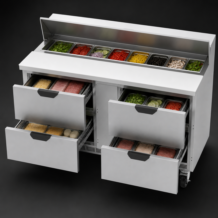 Product image #4 for Beverage-Air SPED60HC-16-4 Two-Section Sandwich Prep Table with 4 Drawers and 16-Pan Standard Top