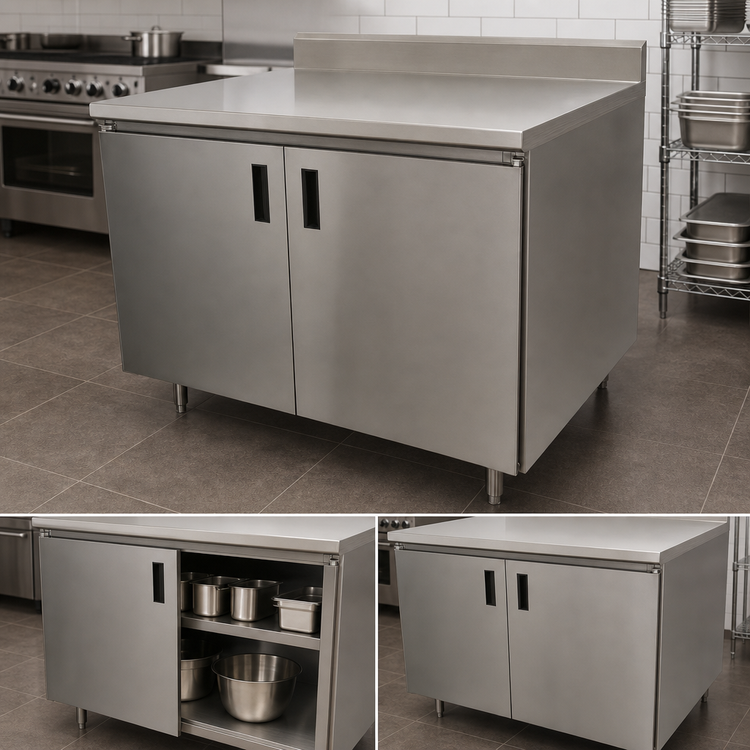 Product image #3 for Advance Tabco Special Value Series Enclosed Work Table with Cabinet Base and Sliding Doors, 84 x 24 Inch, 304 Stainless Steel Top, 5 Inch Backsplash