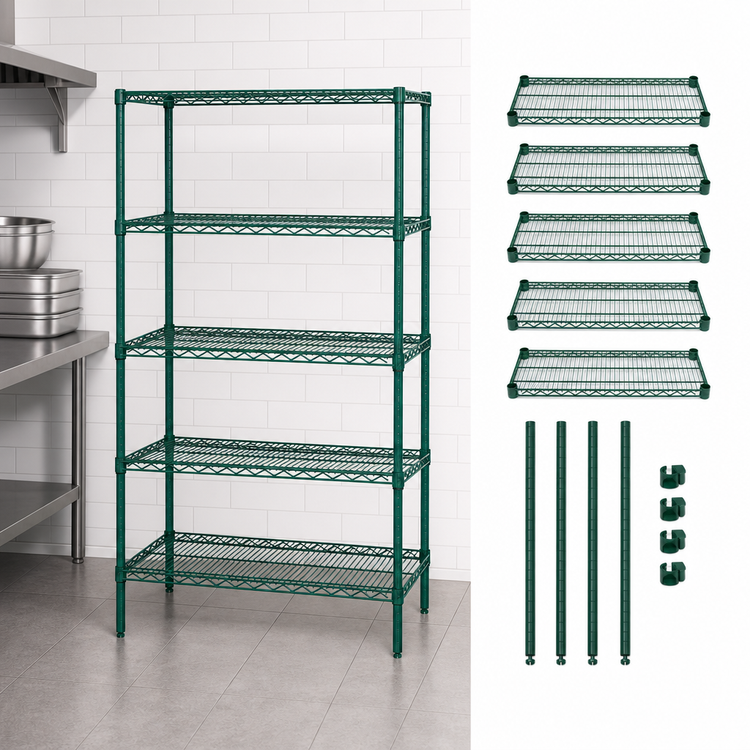 Product image #3 for Quantum Stationary Wire Shelving Starter Kit, 42 x 24 x 74 Inches, 5 Shelves, Green Epoxy Antimicrobial Finish