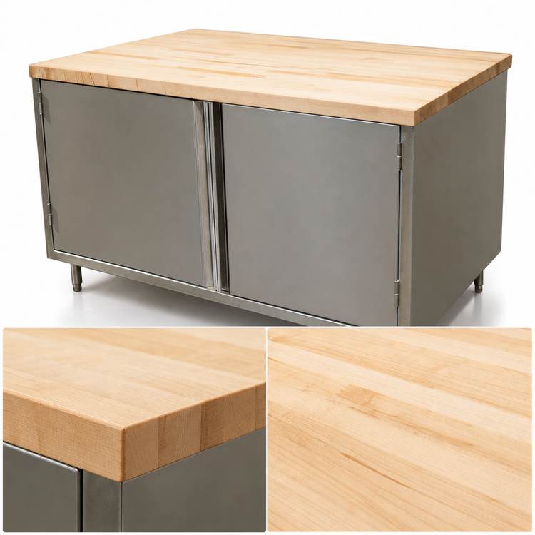 Product image #3 for Hard Maple Top Chef Table with Stainless Steel Cabinet Base and Hinged Doors, 48 x 36 x 34-3/4 Inches