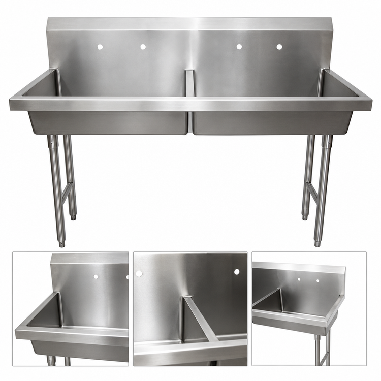 Product image #3 for BK Resources 48-Inch Two-Station Freestanding Hand Wash Sink, 8-Inch Deep Bowl, Stainless Steel