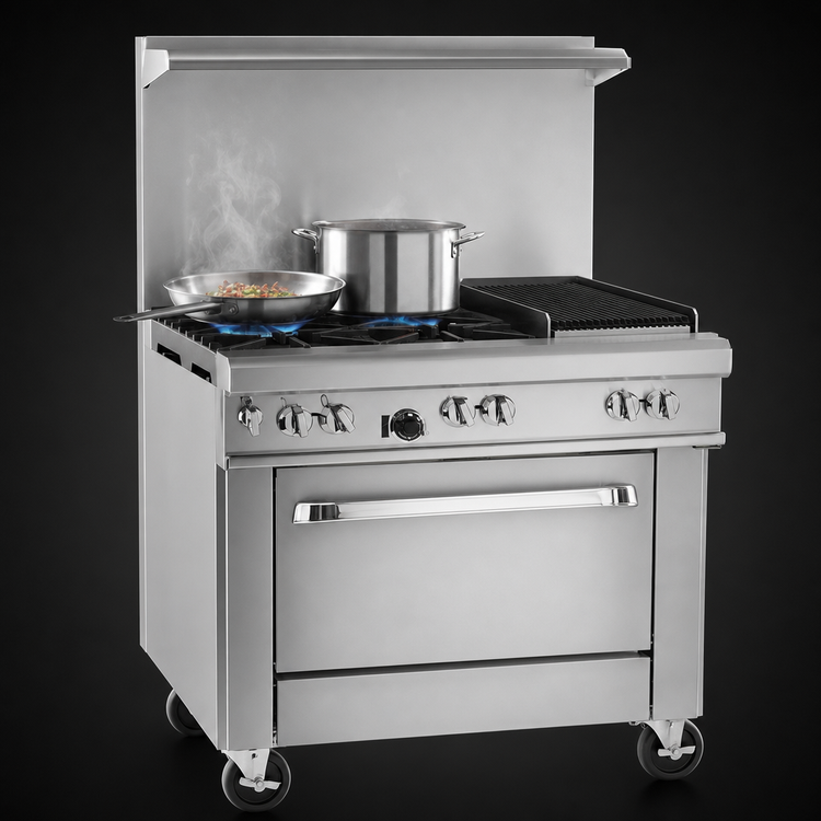 Product image #3 for Southbend Ultimate 36-Inch Gas Restaurant Range with 2 Star/Saute Burners, 24-Inch Charbroiler, Cabinet Base, and Hi-Shelf