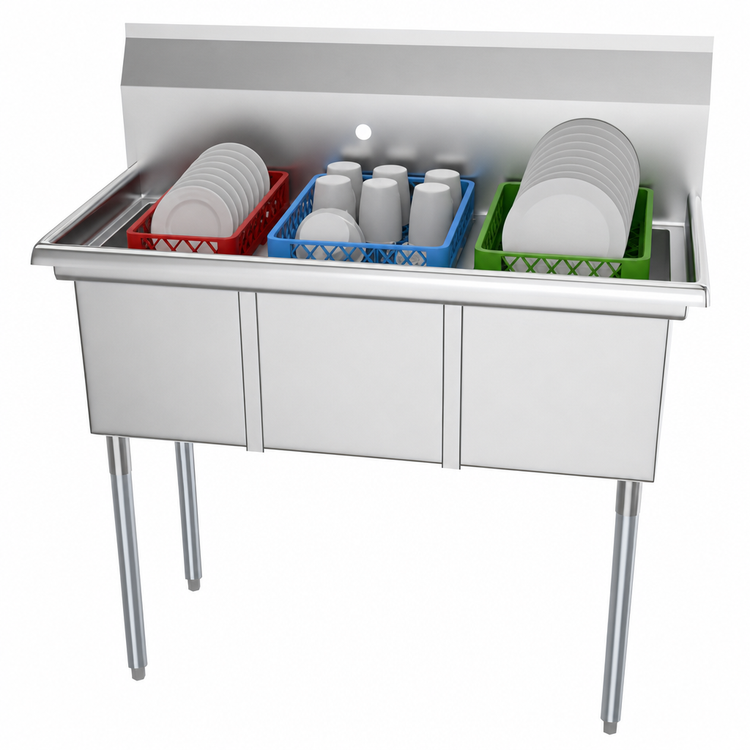 Product image #3 for KoolMore Three Compartment Stainless Steel Commercial Sink with Backsplash and Legs