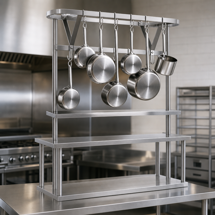 Product image #3 for Eagle Group TM36APR 28-Inch x 20-Inch Table-Mounted Triple-Bar Aluminum Pot Rack with 9 Double-Prong Stainless Steel Hooks for 36-Inch Tables
