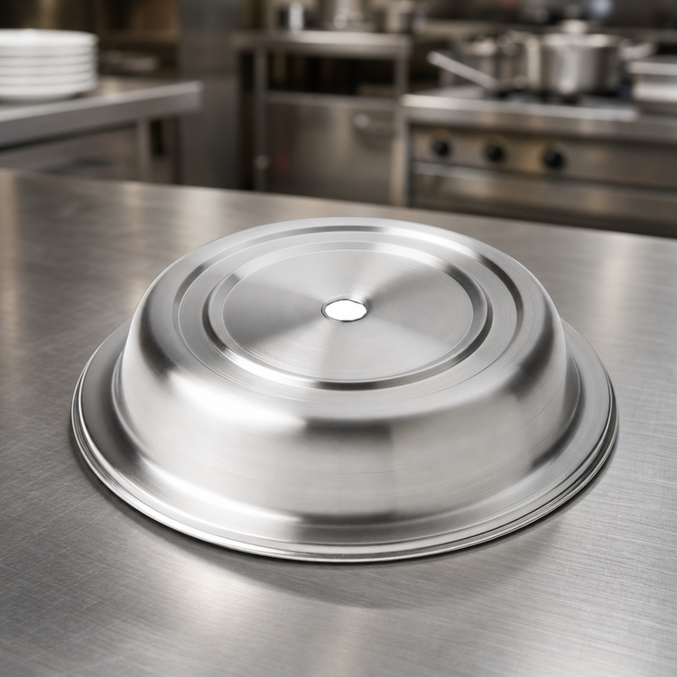 Product image #3 for American Metalcraft Round Stainless Steel Plate Cover with Finger Hole, English Foot, Satin Finish