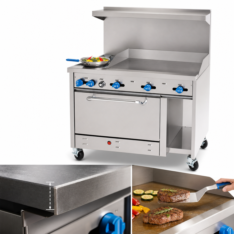 Product image #3 for Comstock-Castle 48-Inch Gas Range with 3/4-Inch Griddle, Standard Oven, Cabinet Base, and Back Riser High Shelf