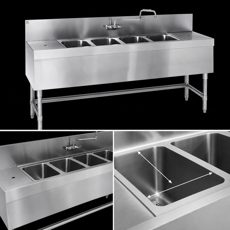 Product image #3 for Spec-Bar Four-Compartment Stainless Steel Underbar Sink Unit with Left Drainboard, 72-Inch Wide x 19-Inch Deep